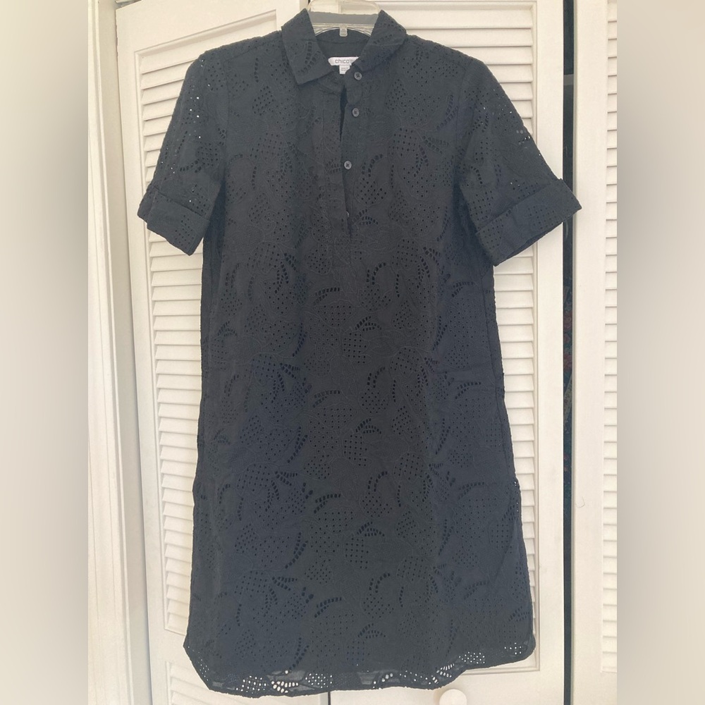 Chico's Black Eyelet Collard Shirt Dress fits multiple sizes